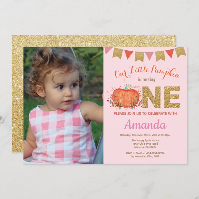 Girl Pumpkin Fall Birthday Invitation Gold Glitter (Front/Back)