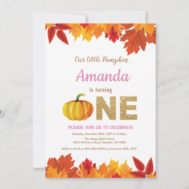 Girl Pumpkin Fall Birthday Invitation Gold Glitter (Front)