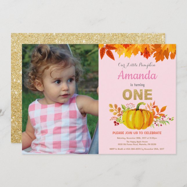 Girl Pumpkin Fall First Birthday Gold Glitter Invitation (Front/Back)