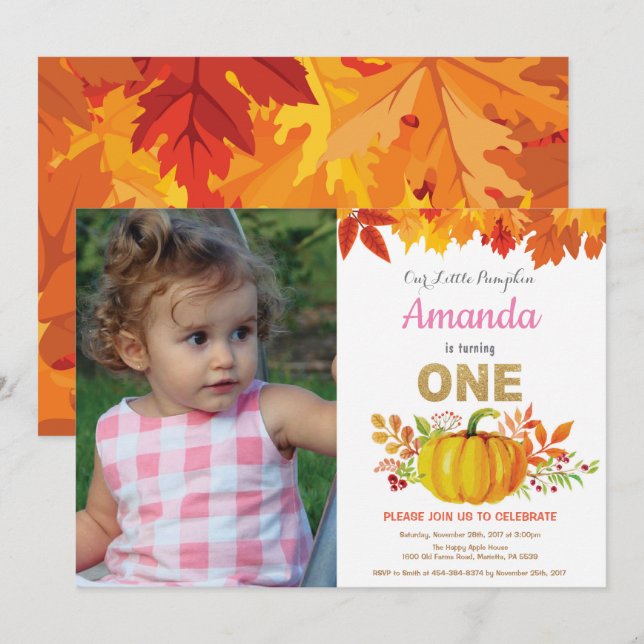 Girl Pumpkin Fall First Birthday Gold Glitter Invitation (Front/Back)