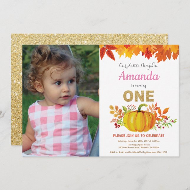 Girl Pumpkin Fall First Birthday Gold Glitter Invitation (Front/Back)