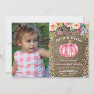Girl Pumpkin First Birthday Floral Gold Burlap Invitation