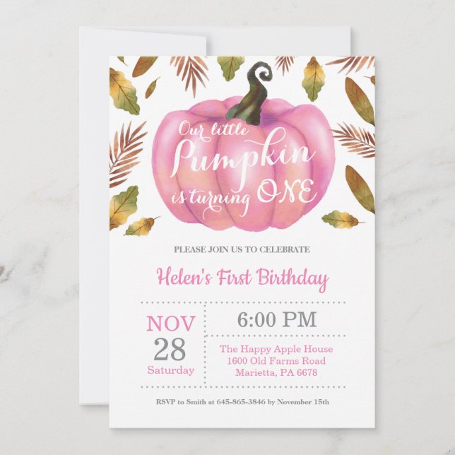 Girl Pumpkin First Birthday Invitation Pink (Front)