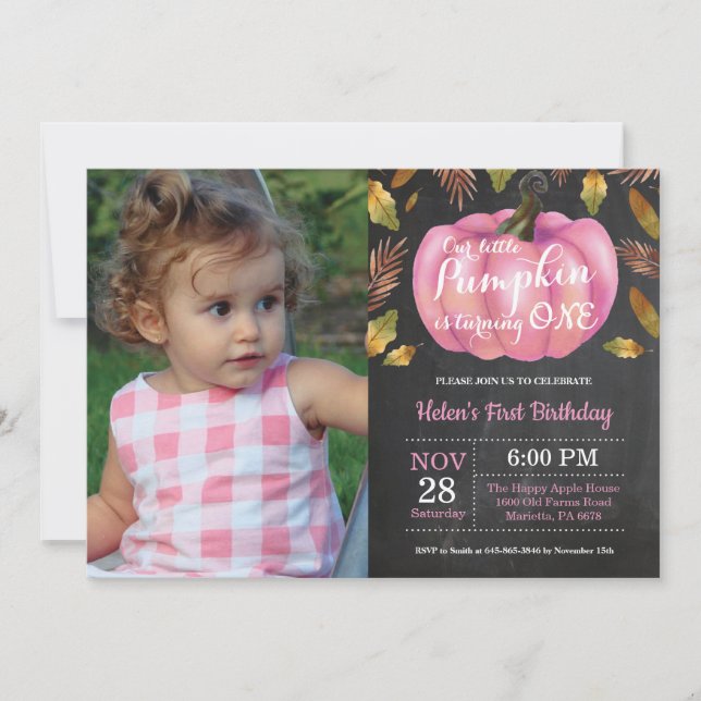 Girl Pumpkin First Birthday Invitation Pink (Front)