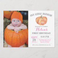 Girl Pumpkin First Birthday Invitation Pink