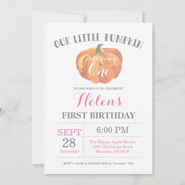 Girl Pumpkin First Birthday Invitation Pink (Front)