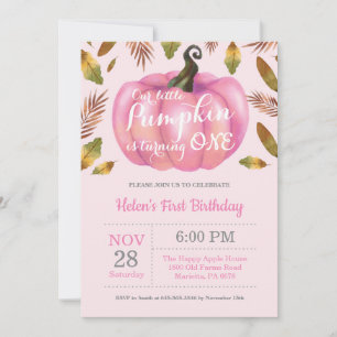 Girl Pumpkin First Birthday Invitation Pink