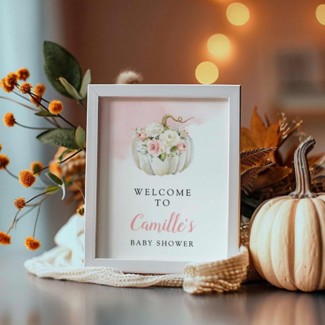 Girl Pumpkin Floral Baby Shower Welcome Sign (Fall Pumpkin Girl Baby Shower Welcome Sign)