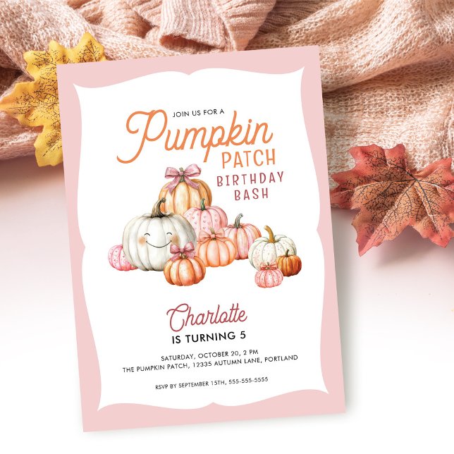 Girl Pumpkin Patch Bows Birthday Party Invitation (Creator Uploaded)