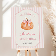 Girl Pumpkin Pink Bows Birthday Party Welcome