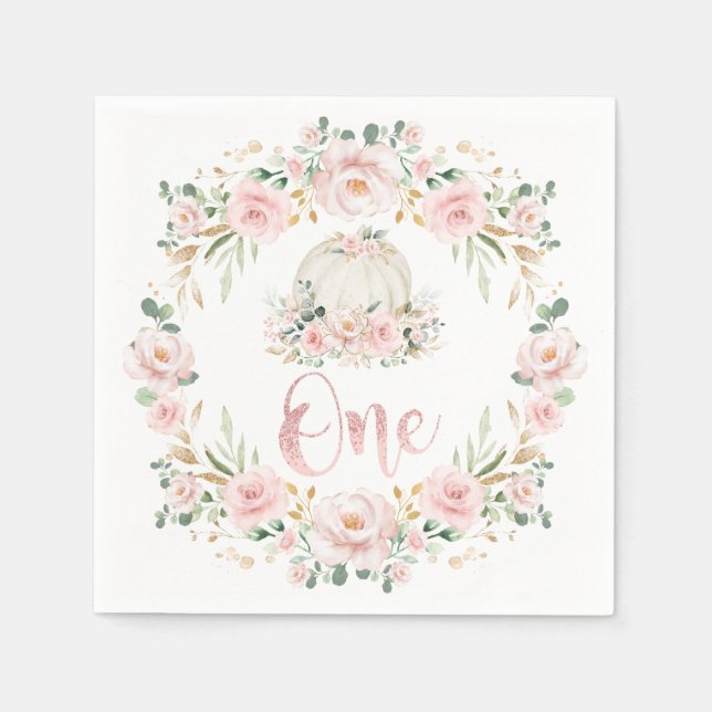 Girl Pumpkin Rose Gold Floral 1st First Birthday Napkin (Front)