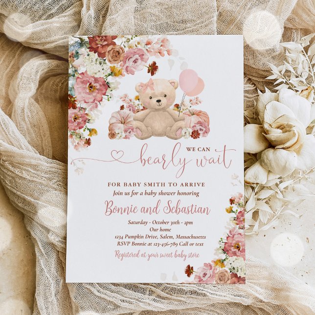Girl Pumpkin Teddy Bear Floral Fall Baby Shower Invitation (Creator Uploaded)
