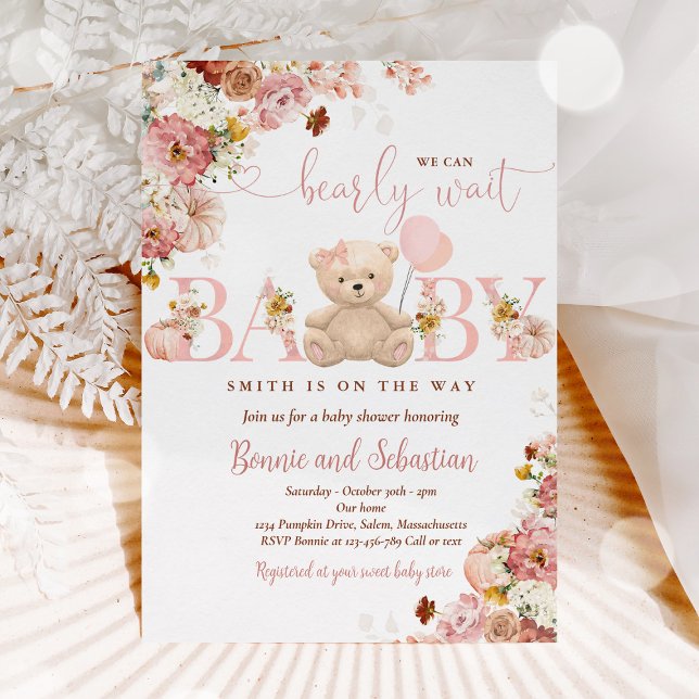 Girl Pumpkin Teddy Bear Floral Fall Baby Shower Invitation (Creator Uploaded)