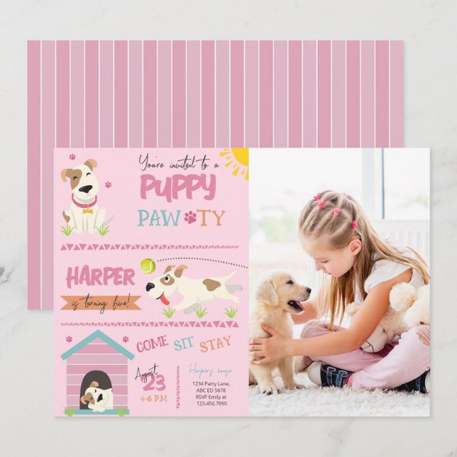 Girl Puppy Birthday Pawty Photo Invitation (Front/Back)