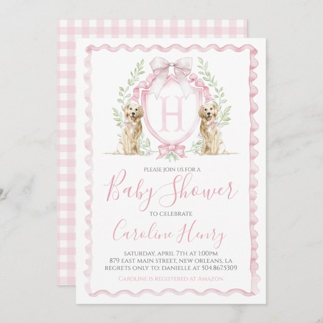 Girl Puppy Dog Baby Shower Preppy Pink Gingham Invitation (Front/Back)