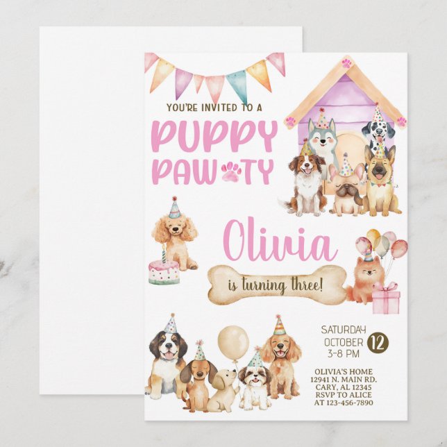 Girl puppy / dogs birthday party invitation. invitation (Front/Back)