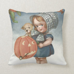 Girl Puppy Jack O Lantern Pumpkin Cushion