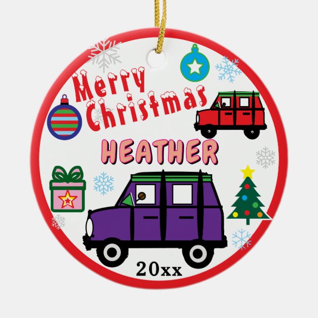 Girl Purple and Red Cars Blue PHOTO NAME Ceramic Ornament (Front)