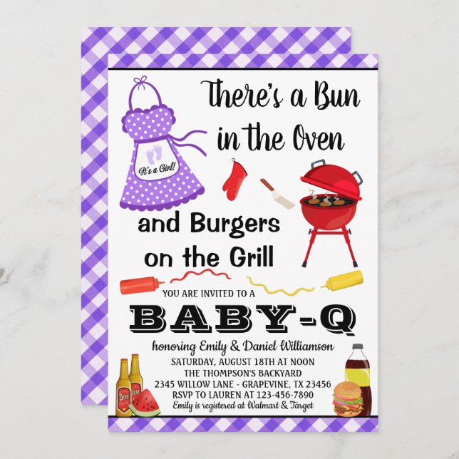 Girl Purple Barbecue Baby Shower Invitation (Front/Back)