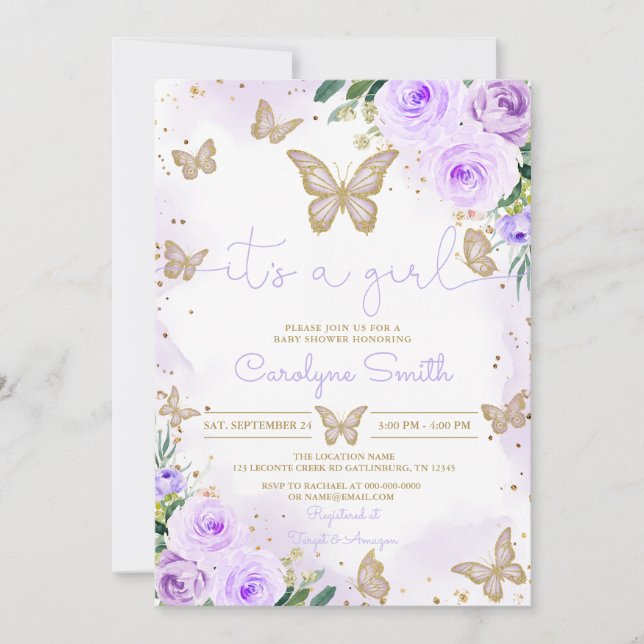 Girl Purple Butterfly Baby Shower Invitation (Front)