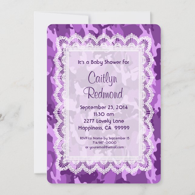 GIRL Purple Camouflage Lace Baby Shower A01B Invitation (Back)