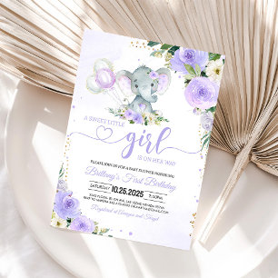 Girl Purple Elephant Baby Shower Invitation