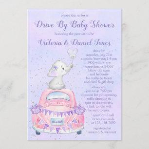 Girl Purple Elephant Car Drive By Baby Shower Invitation