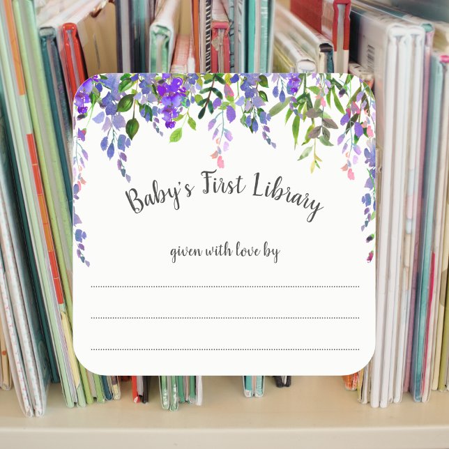 Girl Purple floral bookplate, book baby shower Square Sticker (Creator Uploaded)