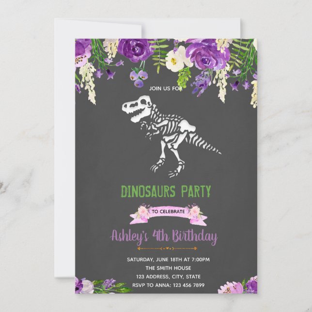 Girl purple flower dinosaur invitation (Front)