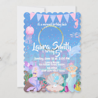 Girl Purple Mermaid Birthday Invitation 