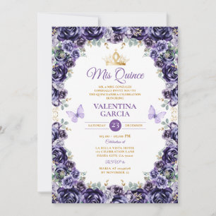 Girl Purple Quinceañera 15 Anos Flowers Gold Crown Invitation