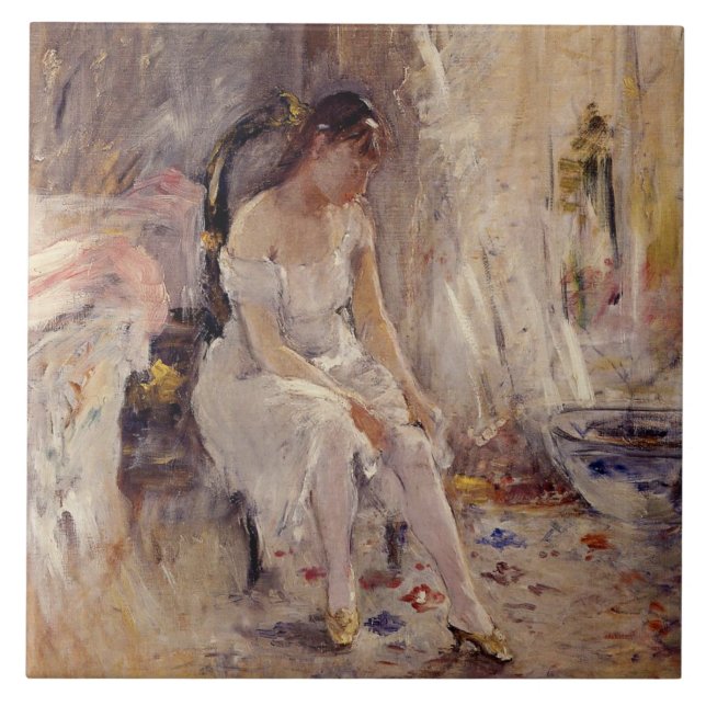 Girl Putting on Her Stockings (by Berthe Morisot) Ceramic Tile (Front)