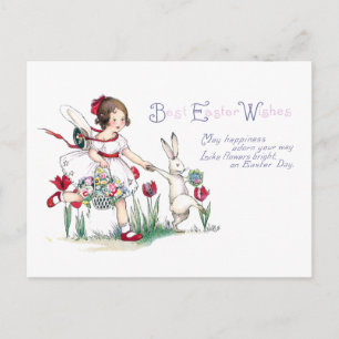 Girl, Rabbit and Easter Flowers Holiday Postcard