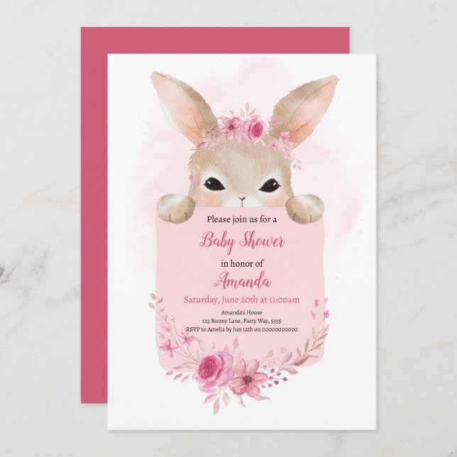 Girl Rabbit Baby Shower Pink Boho Rabbit Floral Invitation (Front/Back)