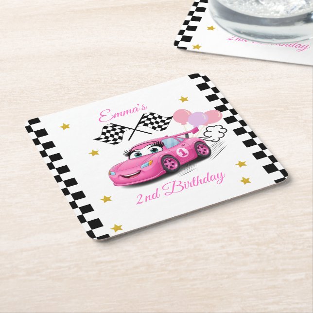 Girl Racing Birthday Plates | Fast One & Two Fast Square Paper Coaster (Angled)
