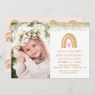 Girl Rainbow 3rd Birthday Photo Invitation