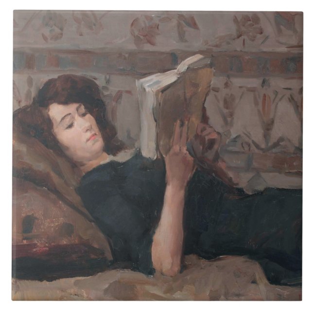 Girl Reading a Book (Reclining on a Divan) Ceramic Tile (Front)
