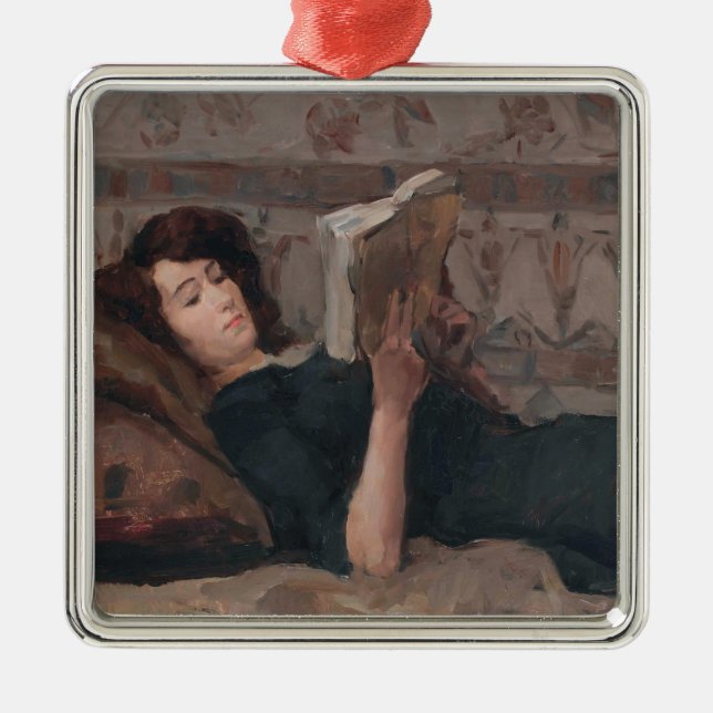 Girl Reading a Book (Reclining on a Divan) Metal Ornament (Front)