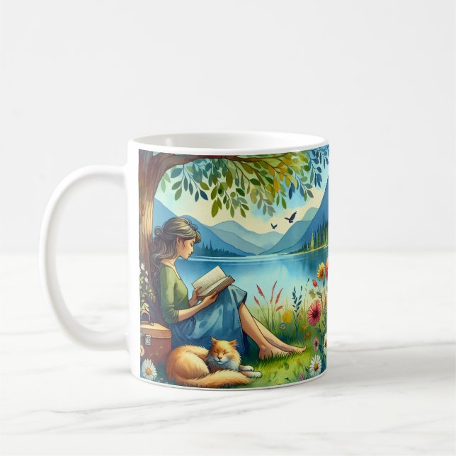 Girl Reading a Book under a Tree with a Sleepy Cat Coffee Mug (Left)