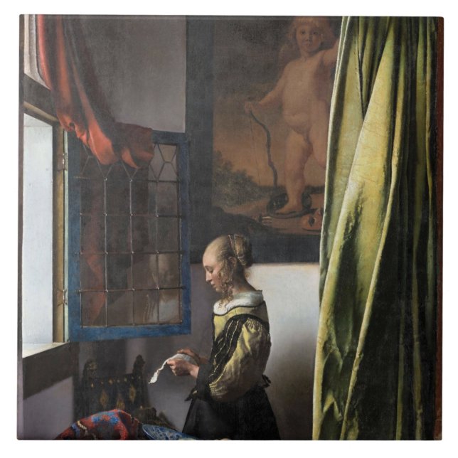 Girl Reading a Letter at an Open Window, Vermeer Ceramic Tile (Front)