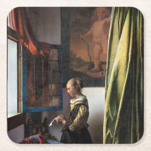Girl Reading a Letter at an Open Window, Vermeer Square Paper Coaster