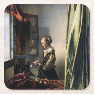 Girl Reading a Letter at the Window, Vermeer Square Paper Coaster
