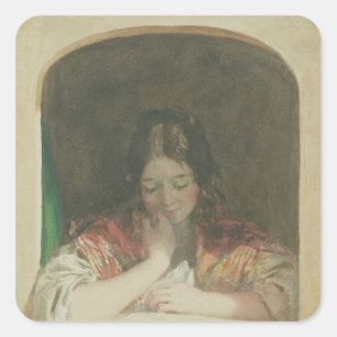Girl Reading at a Window, 19th century Square Sticker
