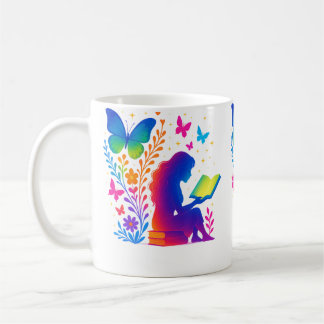 Girl Reading Book Colourful Floral Butterfly Fanta Coffee Mug