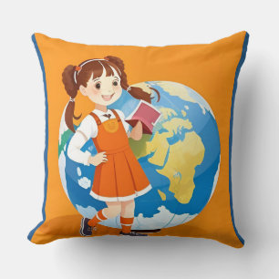 Girl Reading Book Globe Study Room Cushion
