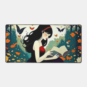 Girl reading book romantic, birds, leaves, forest desk mat