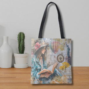 Girl Reading Collage Style Tote Bag