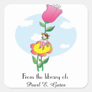 Girl Reading on a Flower Bookplate Square Sticker