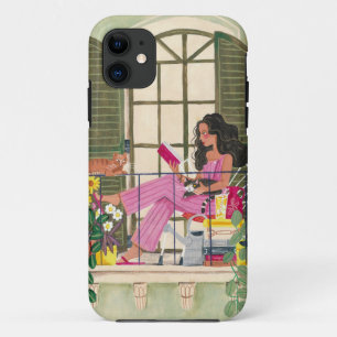 Girl reading on summer balcony with cats iPhone 11 case