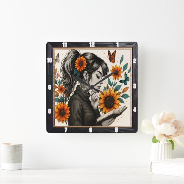 Girl Reading Sunflowers Butterfly Square Wall Clock (Home)